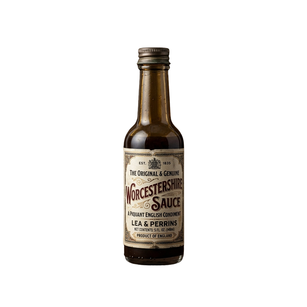 A vintage bottle of Worcestershire sauce with a metal cap and label reading Lea & Perrins, established 1835.