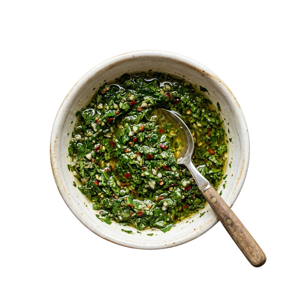 A white ceramic bowl filled with vibrant green herb pesto and a wooden spoon inside.