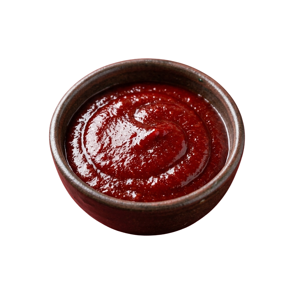 A ceramic bowl filled with thick red spicy sauce.