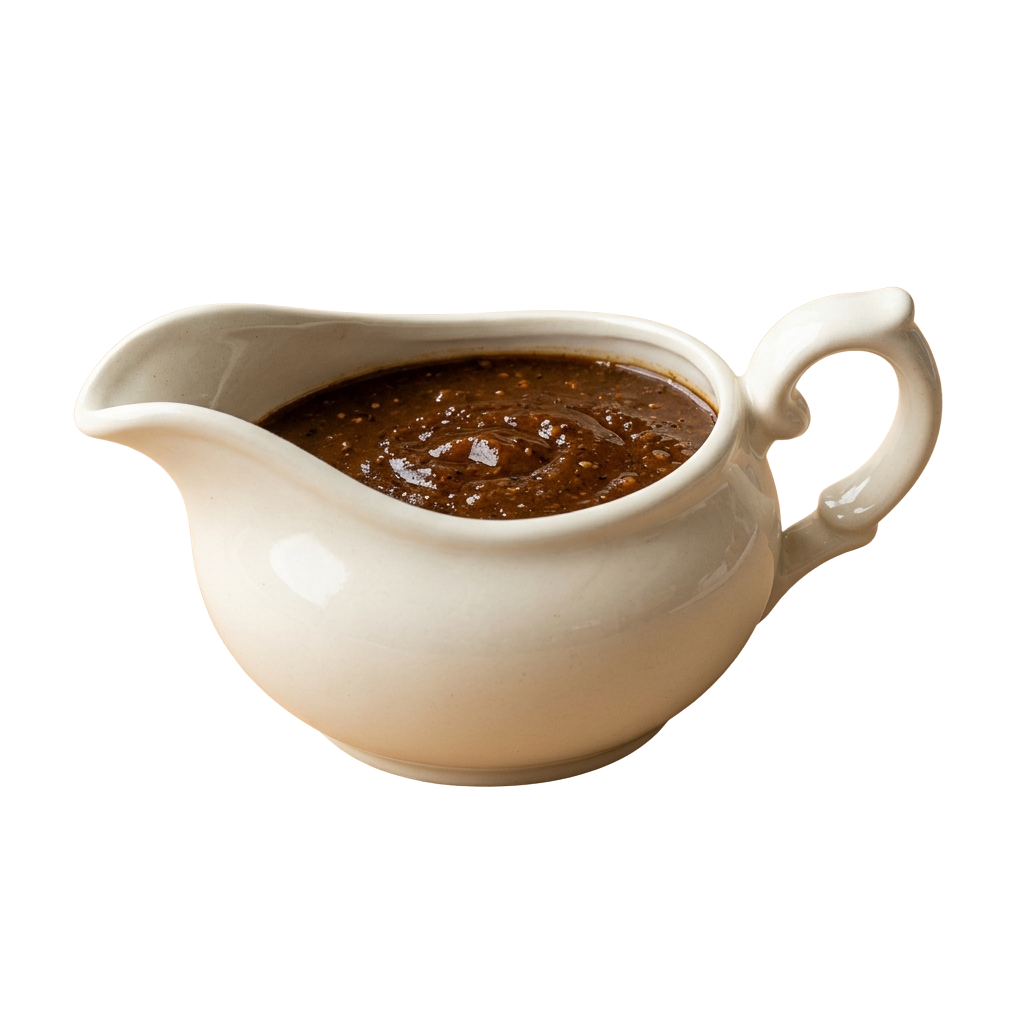 A white ceramic gravy boat filled with a dark brown sauce