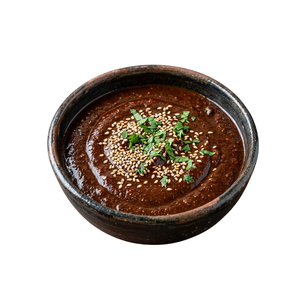 A ceramic bowl filled with thick black bean soup topped with sesame seeds and chopped parsley