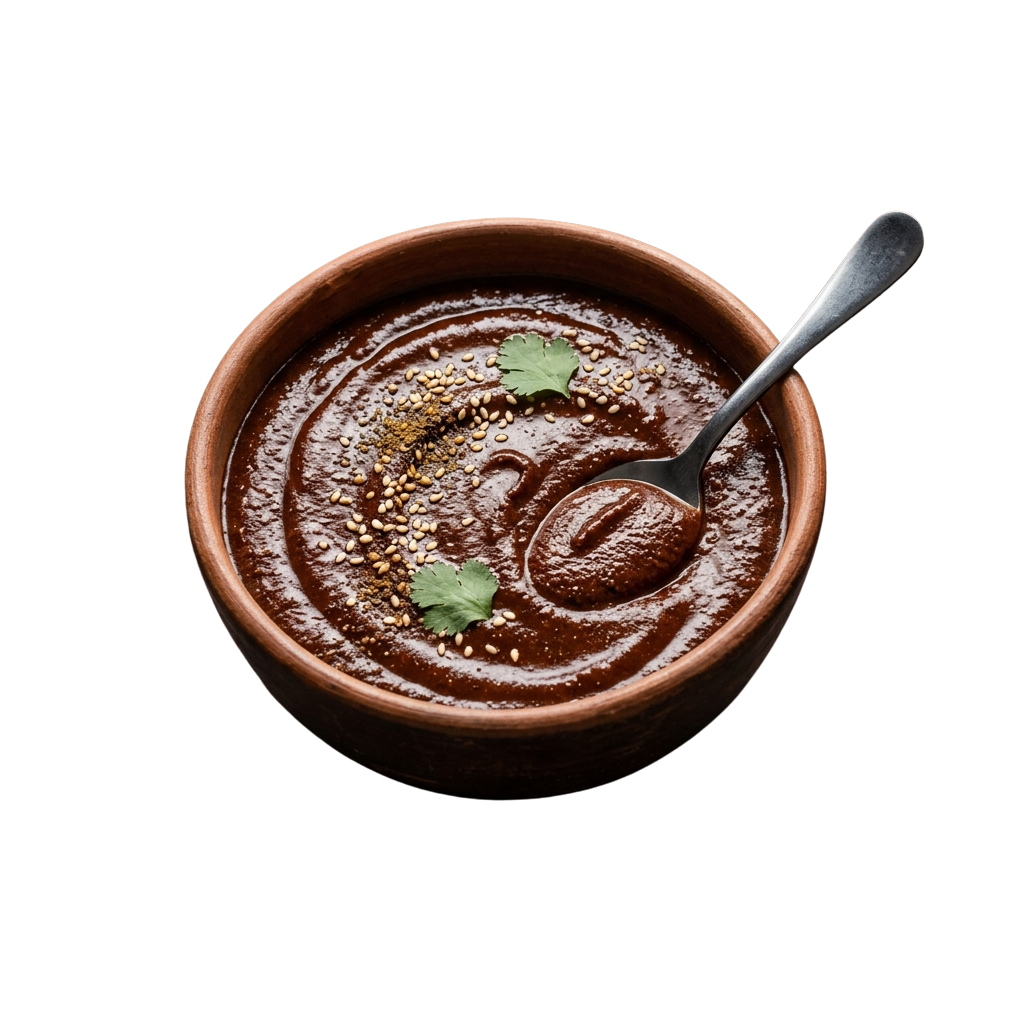 A clay bowl filled with thick tomato sauce garnished with seeds and cilantro, with a spoon inside.