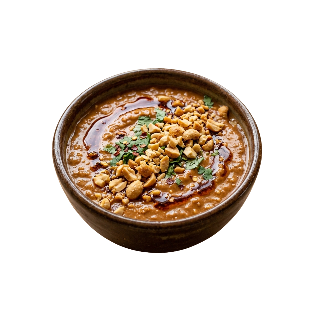 Bowl of peanut chickpea stew topped with chopped peanuts and cilantro garnish