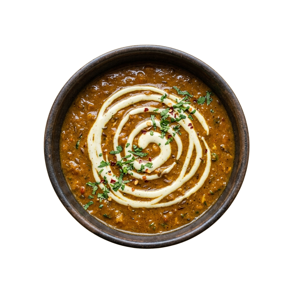 Bowl of dal with a swirl of yogurt and garnished with cilantro and red chili flakes