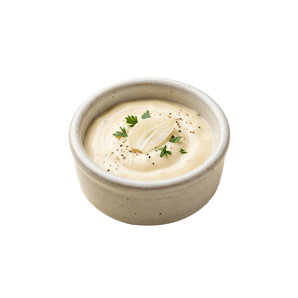 A small ceramic bowl filled with a creamy white dip garnished with parsley and black pepper flakes