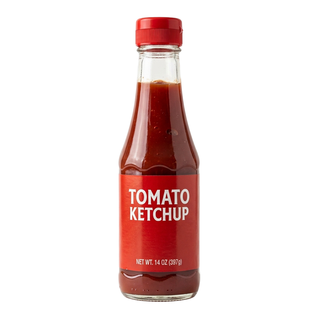 A clear glass bottle filled with tomato ketchup, red cap, and label reading Tomato Ketchup, 14 oz.
