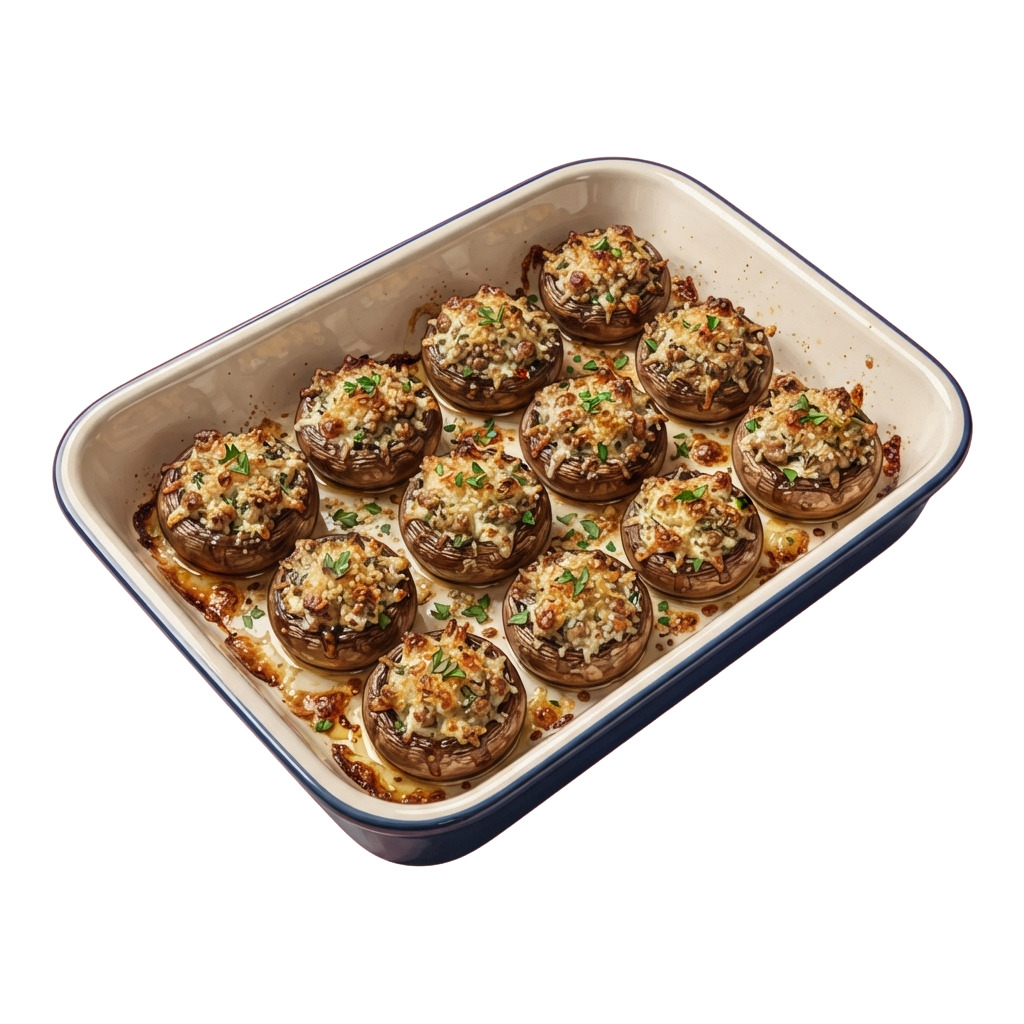 A baking dish filled with twelve stuffed mushrooms topped with melted cheese and herbs