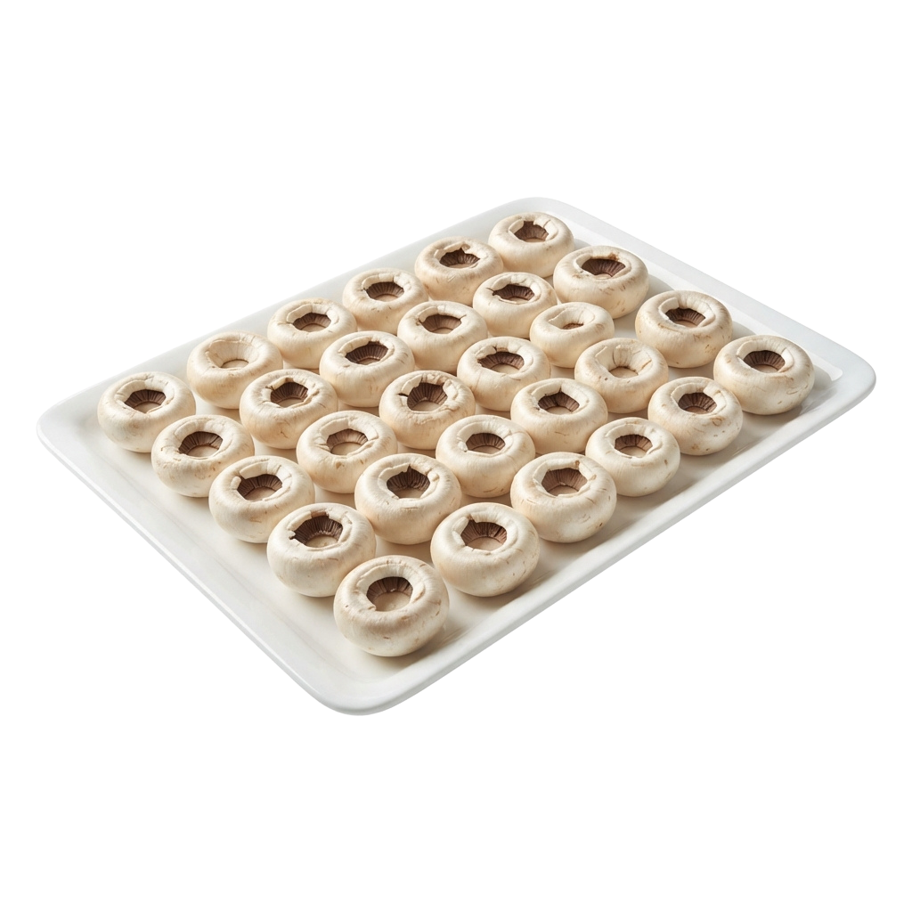 Twenty whole button mushrooms arranged in a white foam tray with hollow stems facing upward