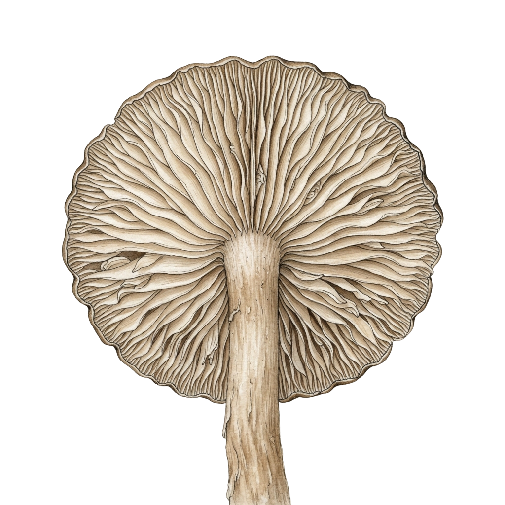A detailed image of an oyster mushroom with a wide cap and long stem against a black background