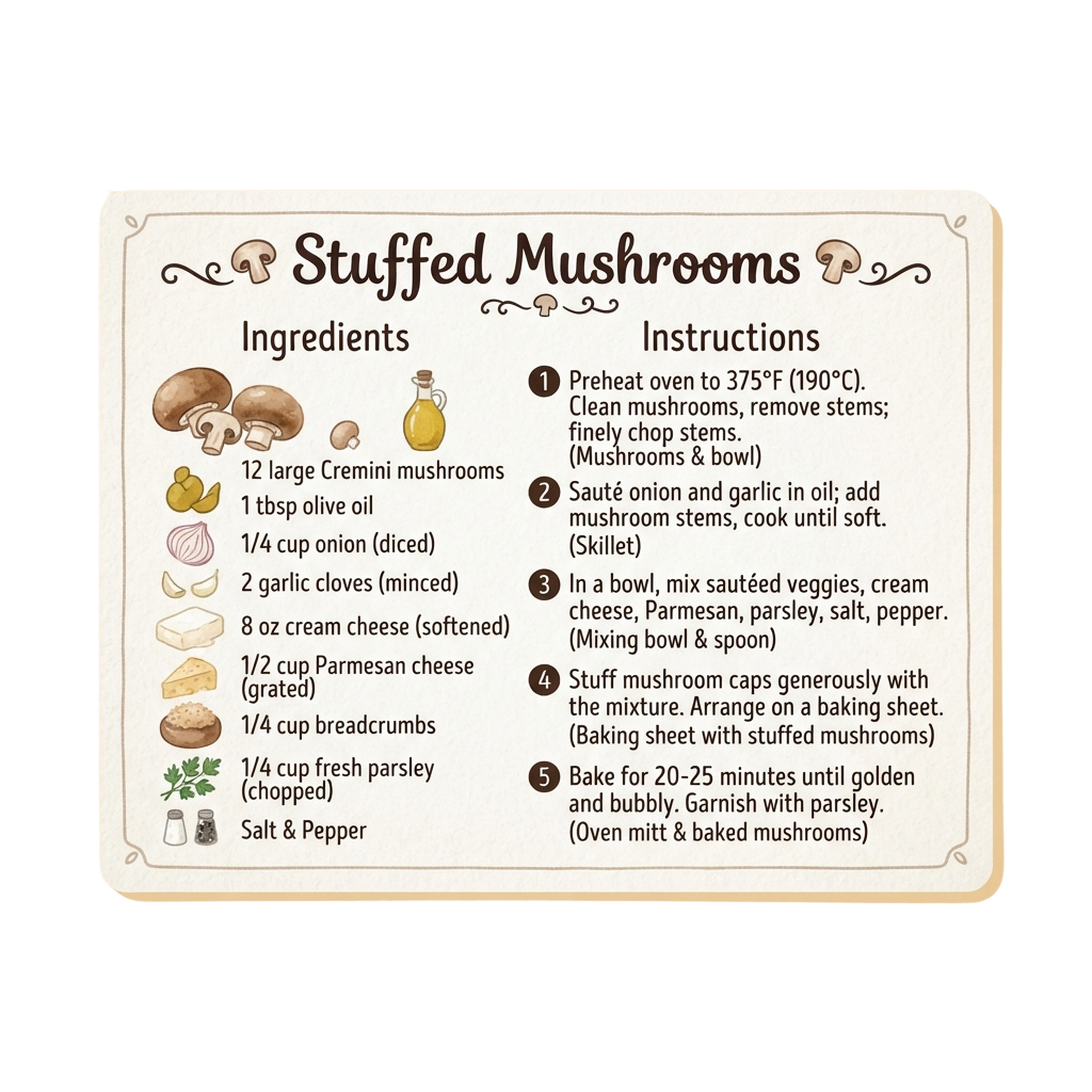 Recipe card showing ingredients and step-by-step instructions for making stuffed mushrooms