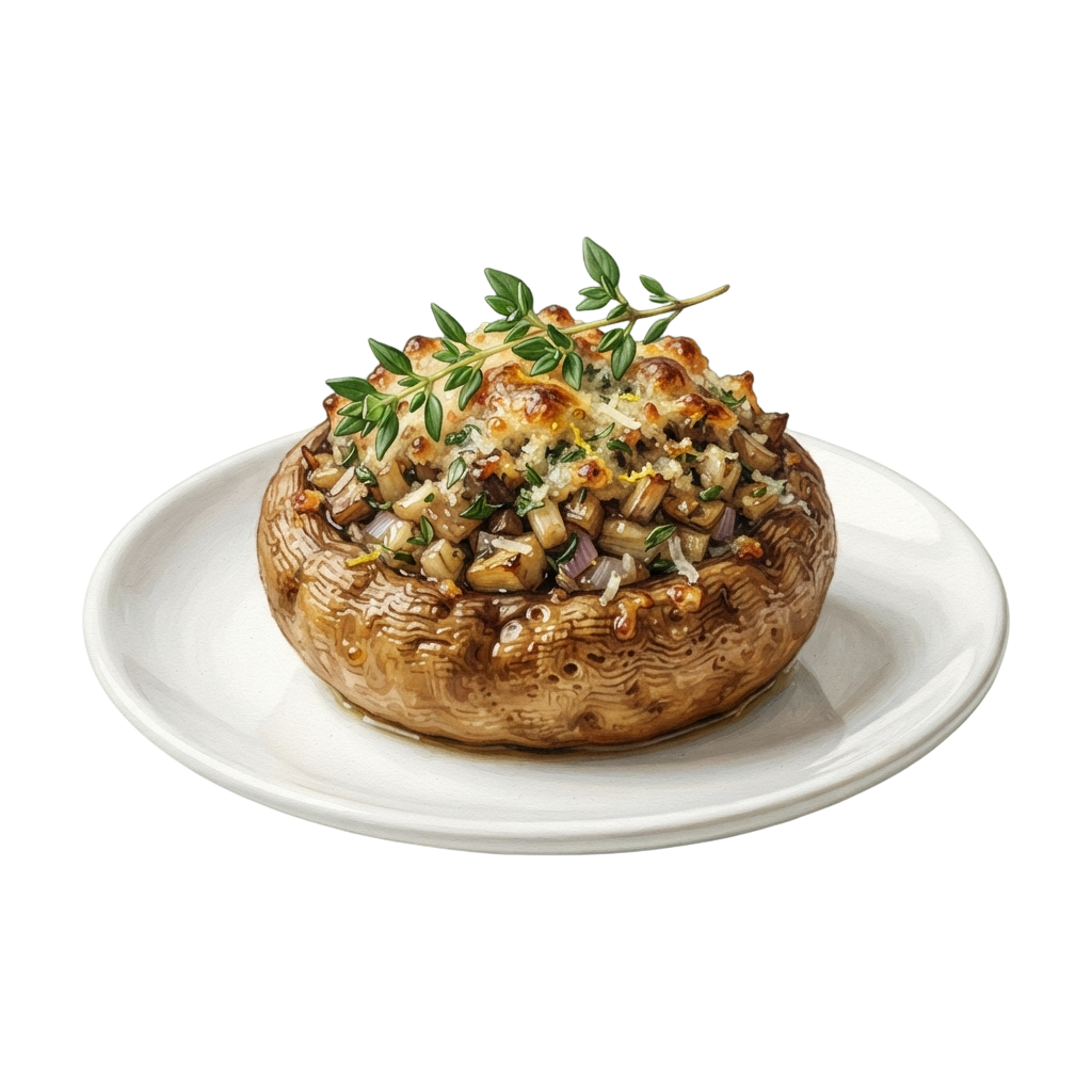 A cooked stuffed portobello mushroom topped with cheese, herbs, and breadcrumbs on a white plate