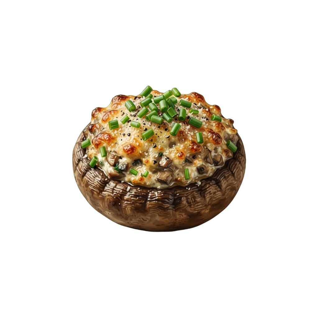 A single stuffed mushroom topped with melted cheese and chopped green onions