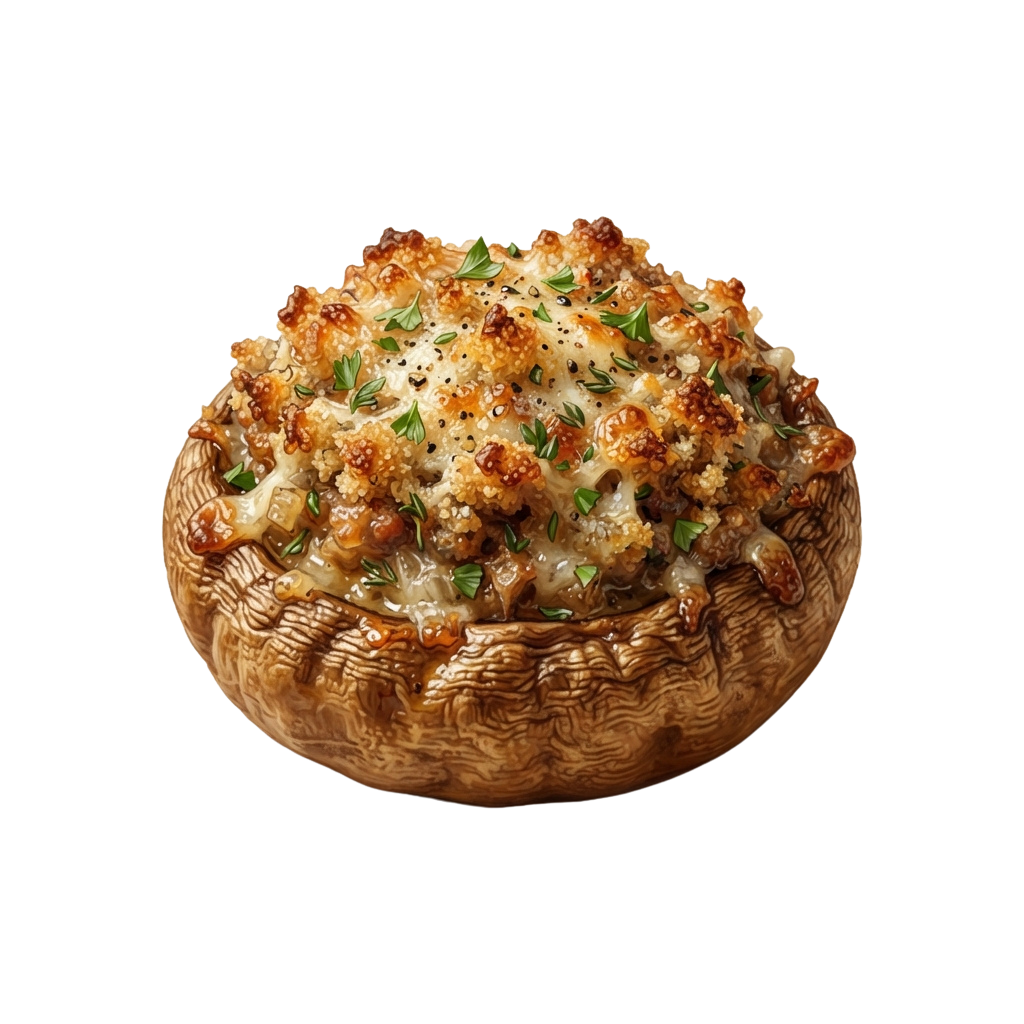 A large mushroom stuffed with cheesy filling and topped with golden breadcrumbs and herbs