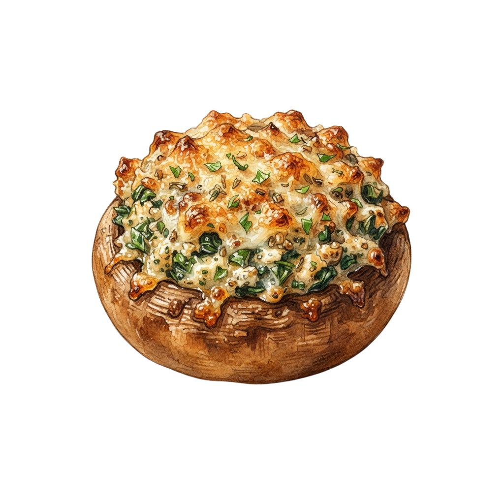 A baked potato topped with melted cheese and chopped spinach in a wooden serving dish