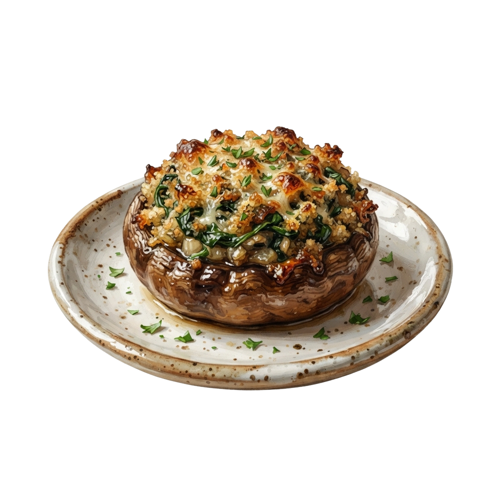 A large stuffed portobello mushroom with melted cheese and herbs on a decorative plate.
