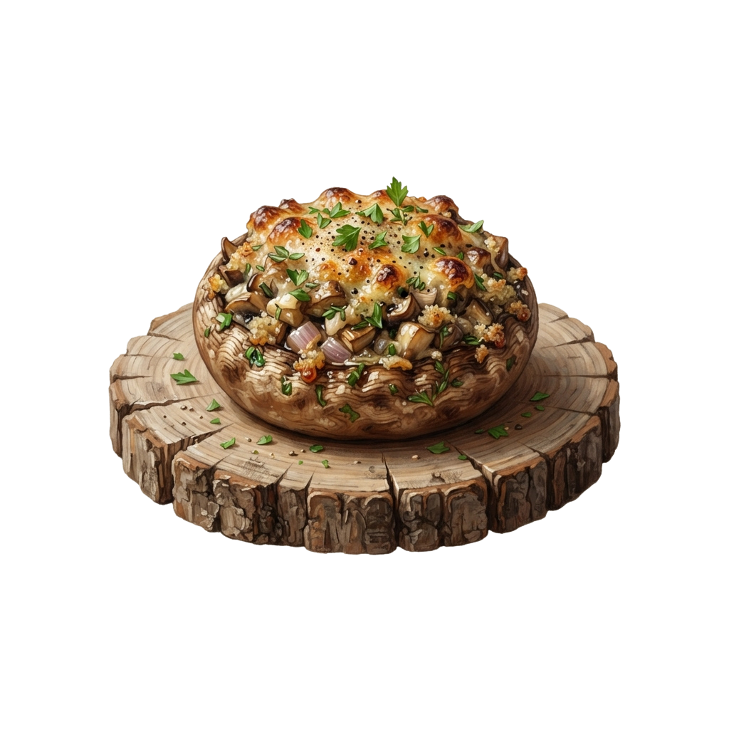 A rustic pizza topped with melted cheese, mushrooms, and herbs on a wooden serving board