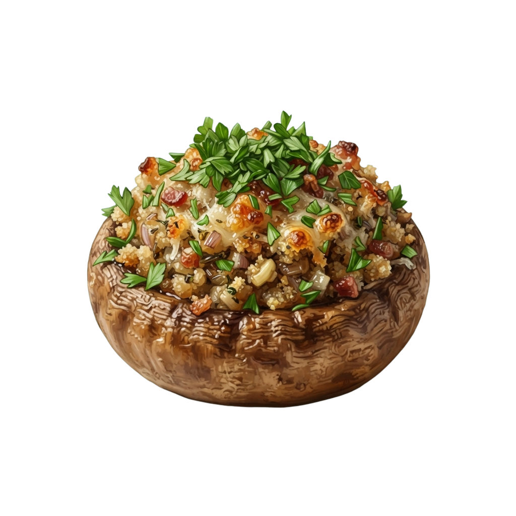 A large brown mushroom stuffed with quinoa, cheese, and garnished with chopped parsley and red peppers