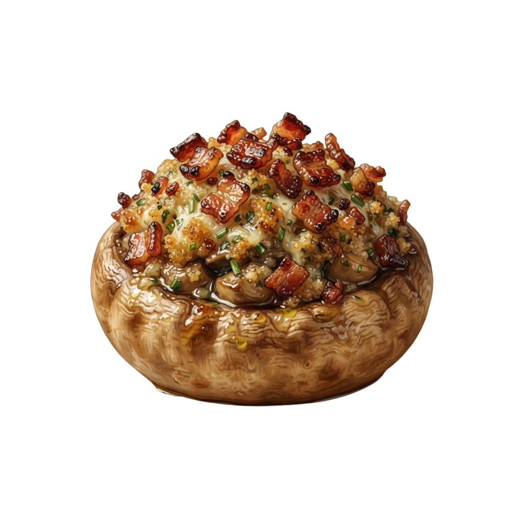 A single stuffed mushroom topped with crispy bacon bits and melted cheese