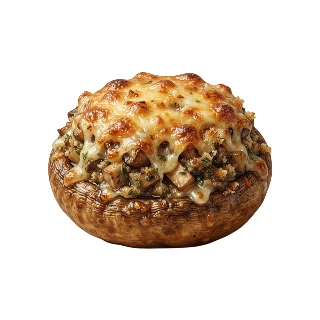 A single stuffed mushroom with melted cheese and herbs on top, ready to eat.