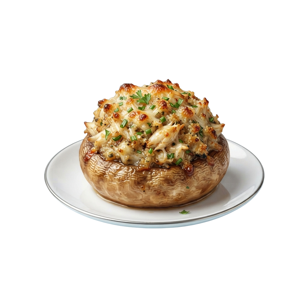 A single stuffed mushroom topped with melted cheese and parsley on a white plate.