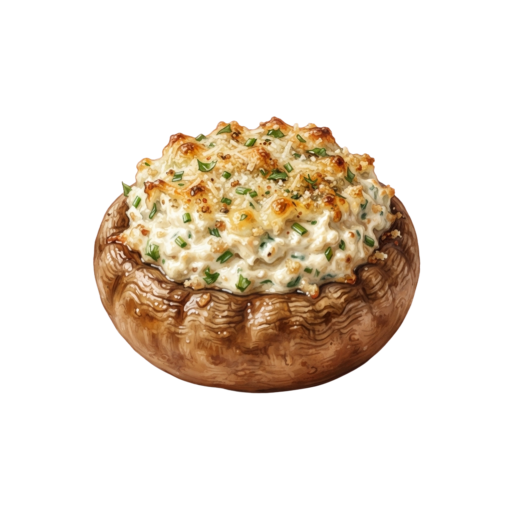 A single stuffed mushroom topped with creamy cheese and chopped chives