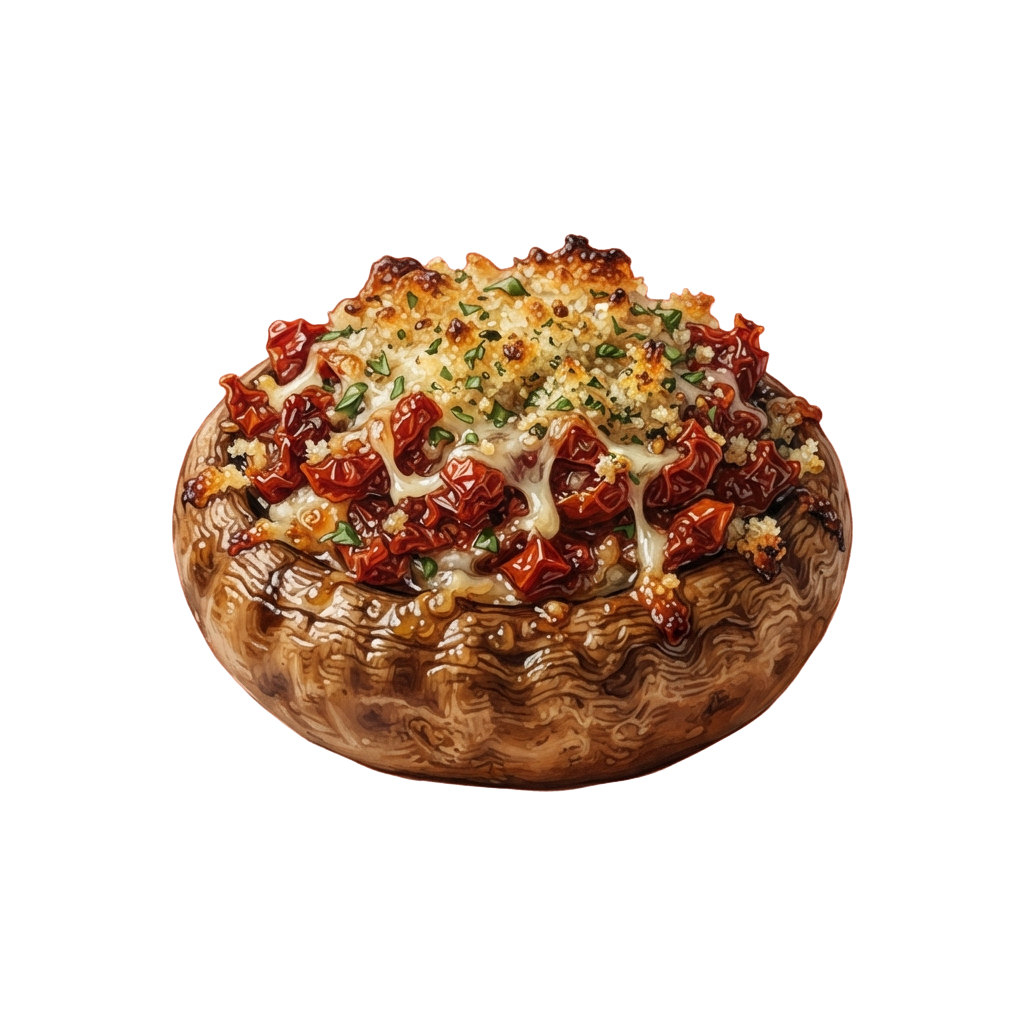 A golden-brown stuffed mushroom topped with melted cheese, sun-dried tomatoes, and herbs