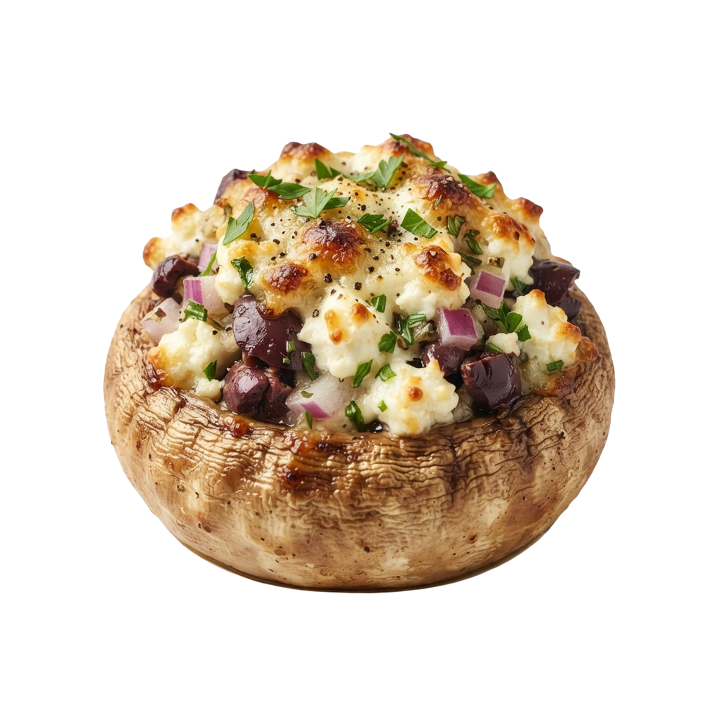 A single stuffed mushroom topped with melted cheese, black olives, and chopped green herbs on a black background
