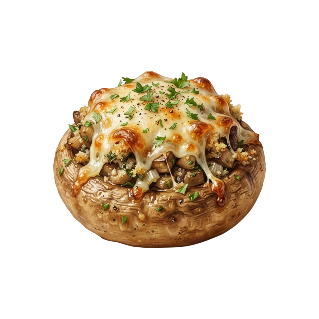 A golden-brown stuffed bread topped with melted cheese, mushrooms, parsley, and black pepper