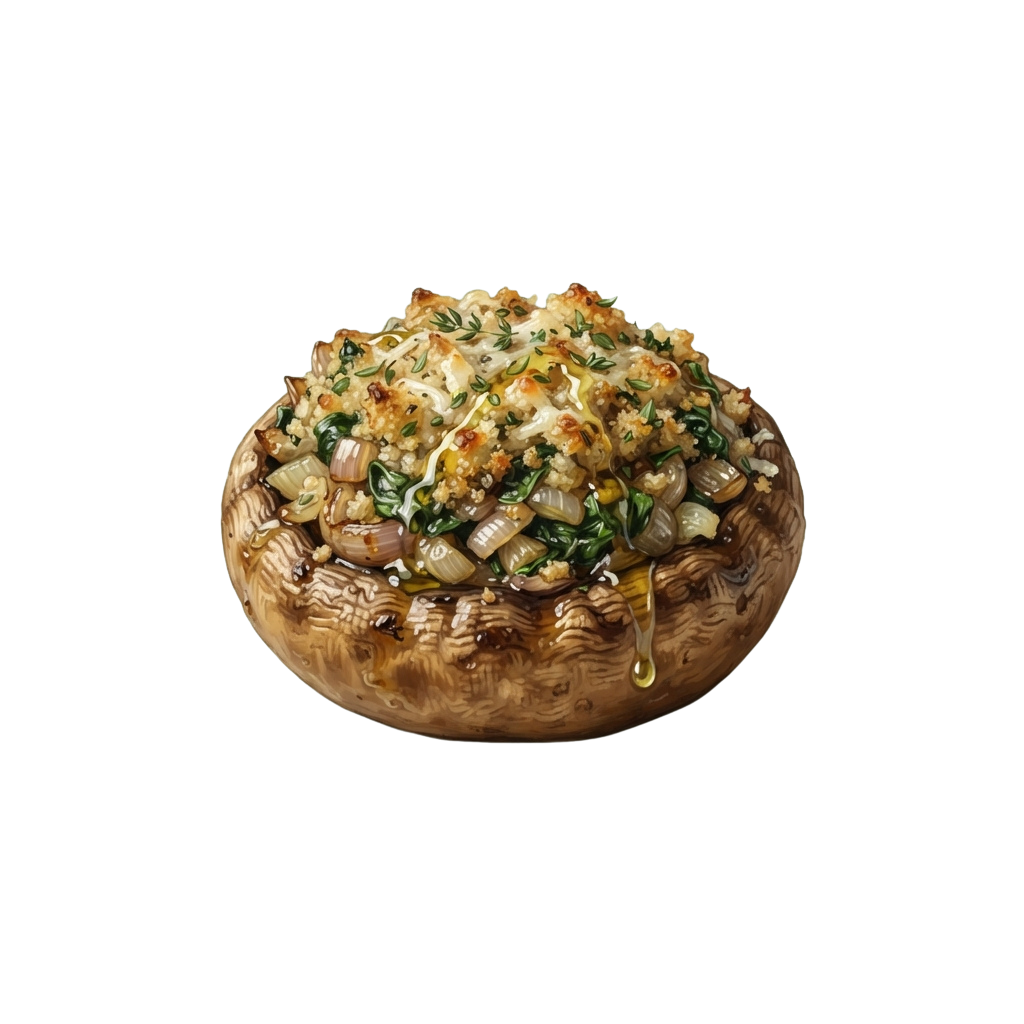 A single stuffed mushroom topped with melted cheese, herbs, and drizzled with oil
