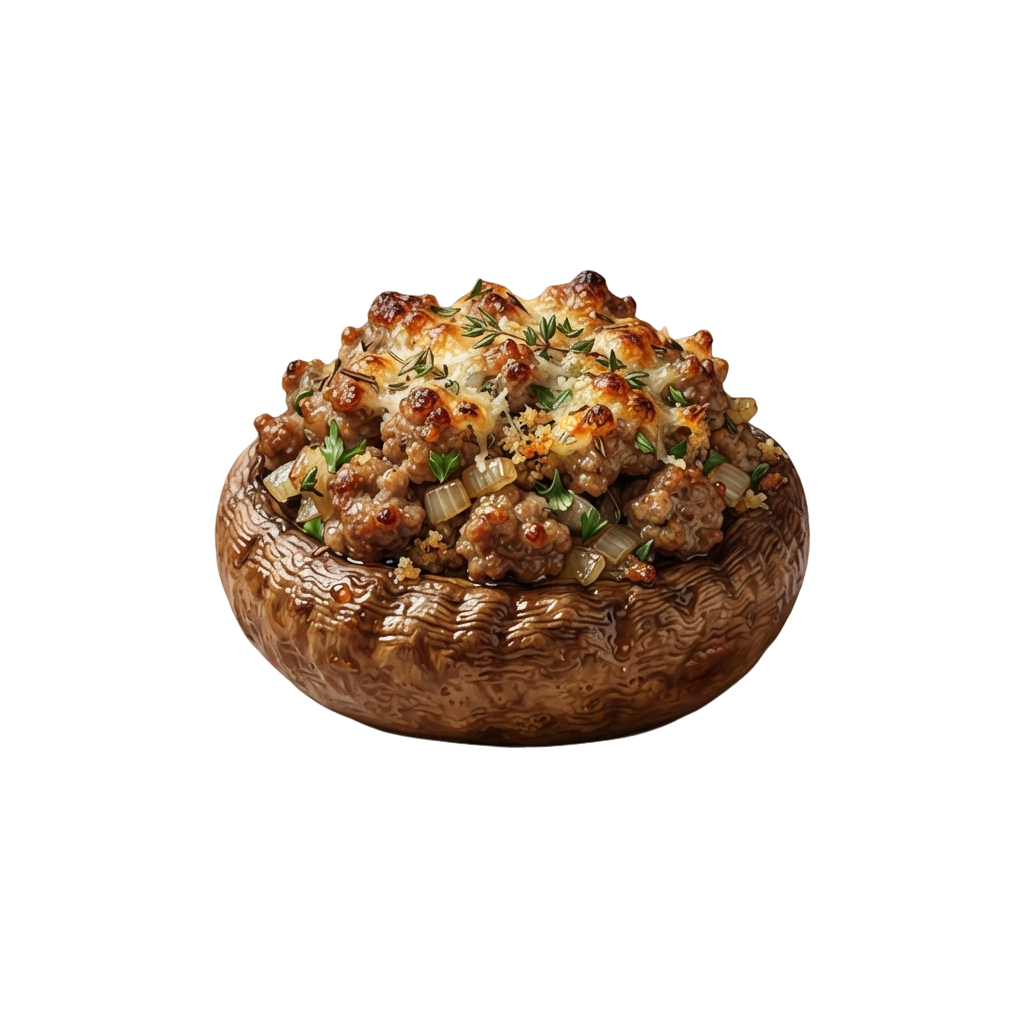 A large brown mushroom stuffed with meat and cheese mixture topped with herbs and breadcrumbs