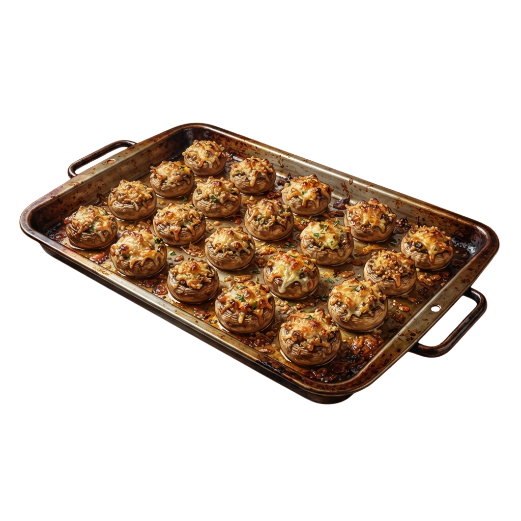 A baking tray filled with golden brown stuffed mushrooms arranged in rows