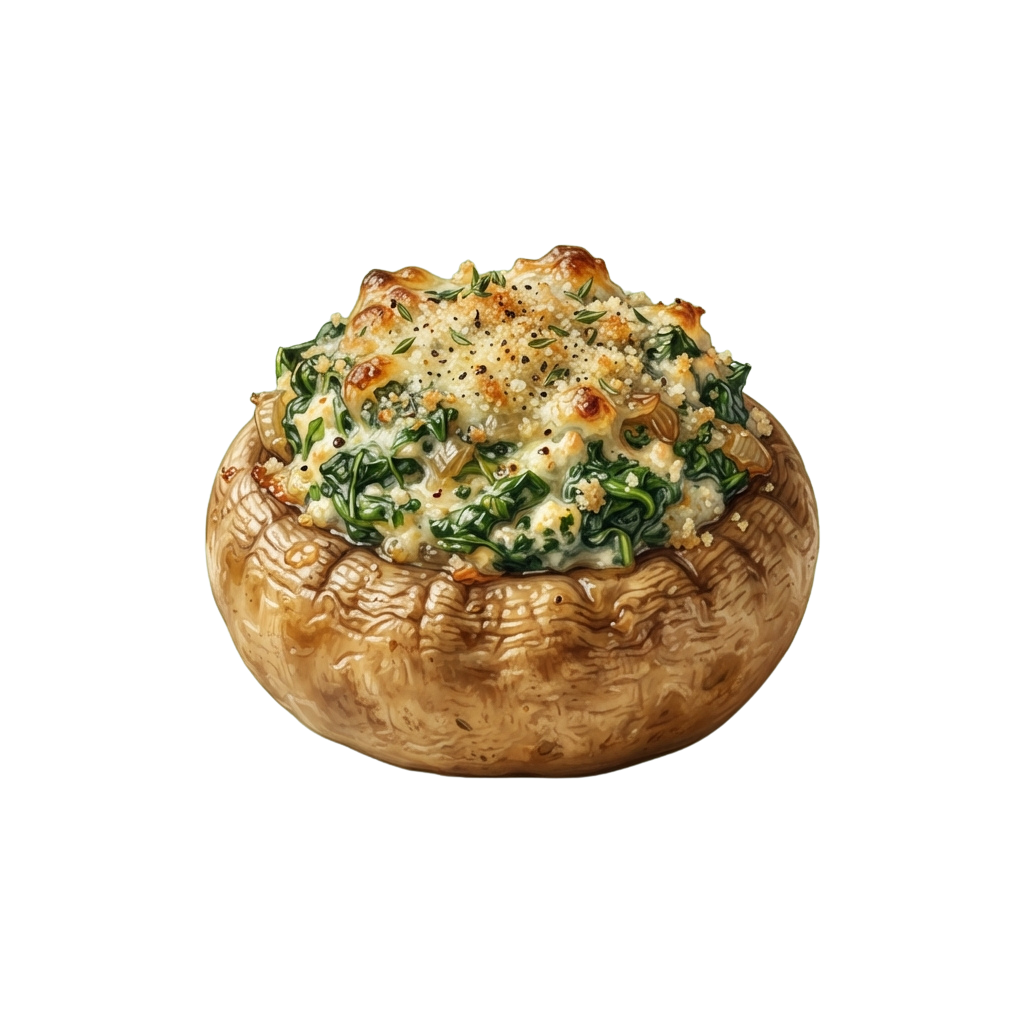 A golden-brown stuffed mushroom filled with creamy cheese, spinach, and herbs.
