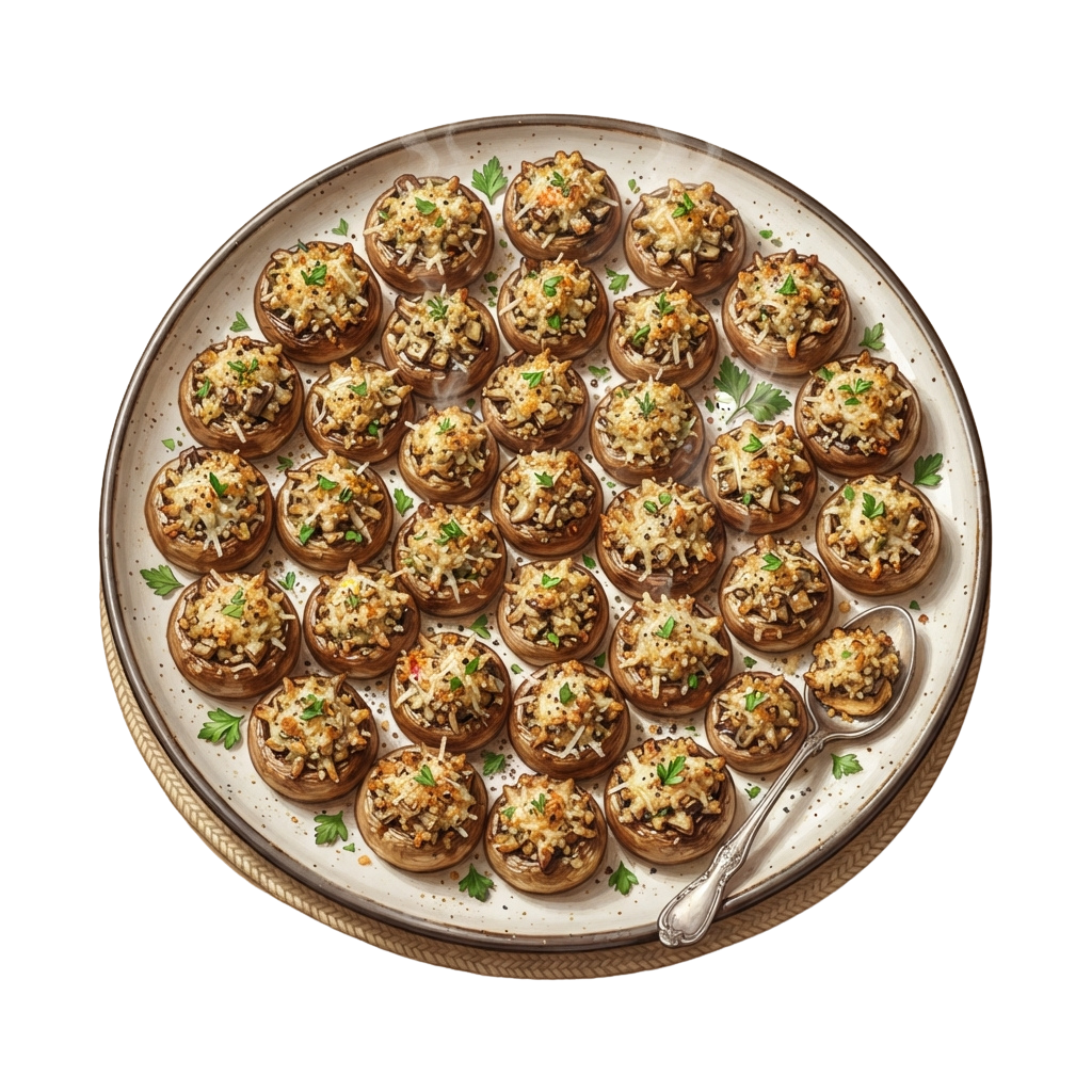 A white plate with 24 cheesy baked stuffed mushrooms garnished with parsley on a woven placemat