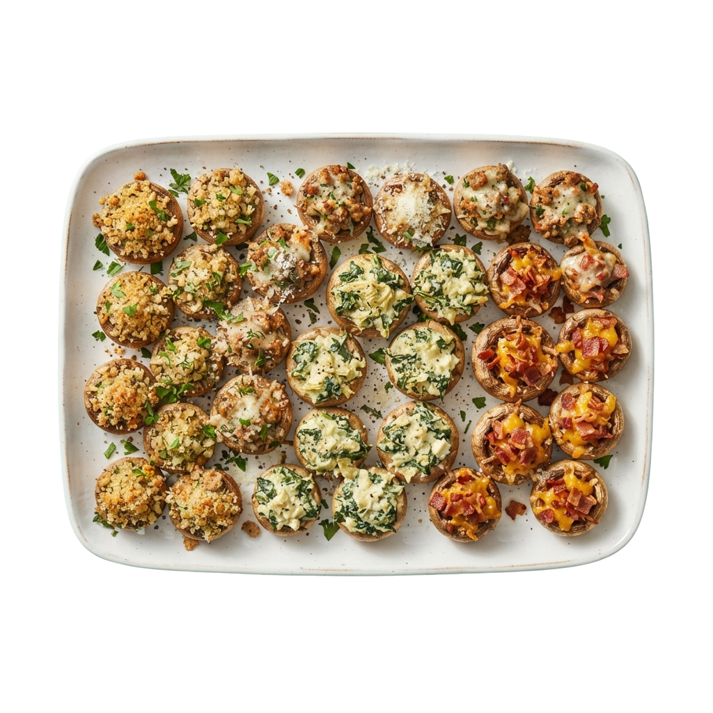 Assorted baked stuffed mushrooms with different toppings on a rectangular tray