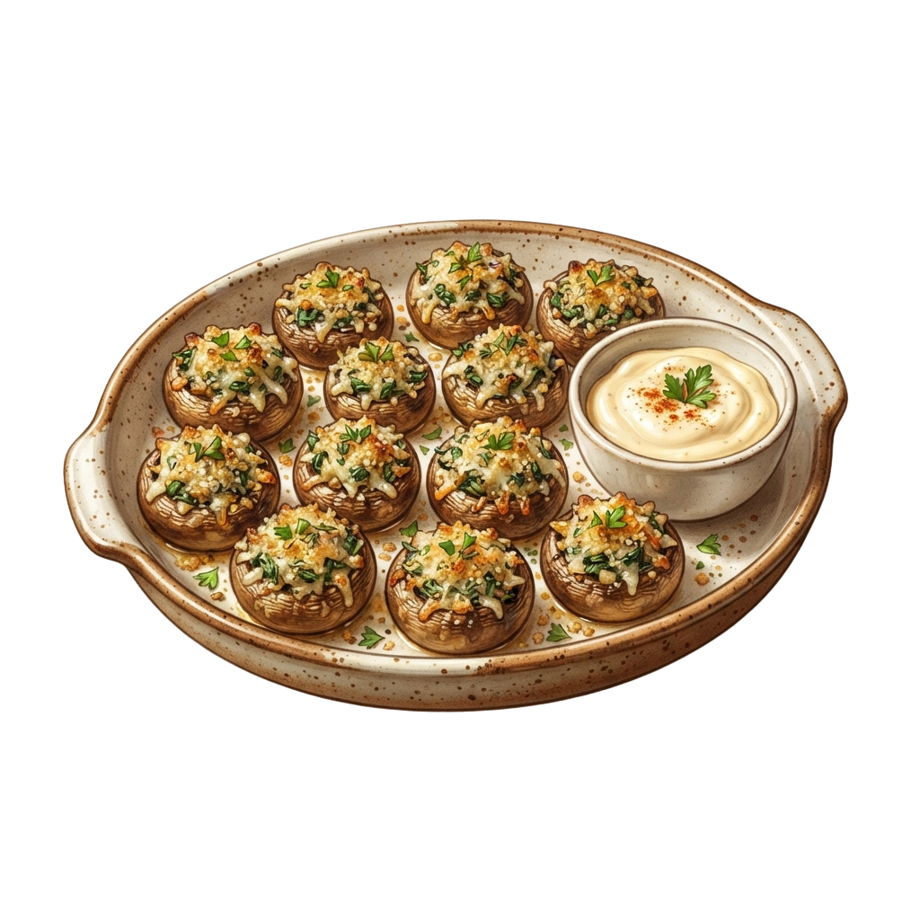 A plate of twelve stuffed mushrooms topped with cheese and herbs, served with a small bowl of creamy white dip.