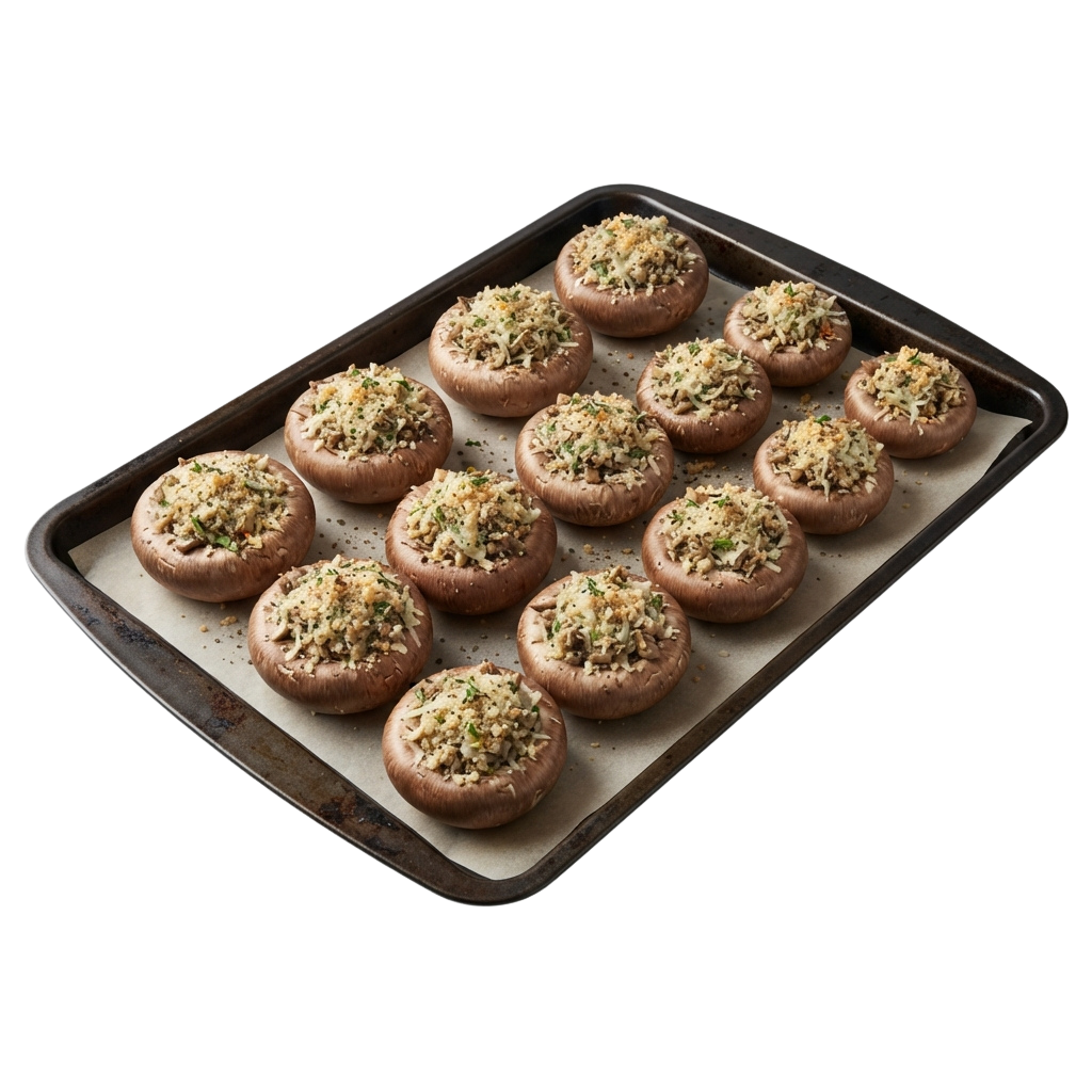 Twelve baked mushrooms topped with cheese and herbs arranged on a baking tray