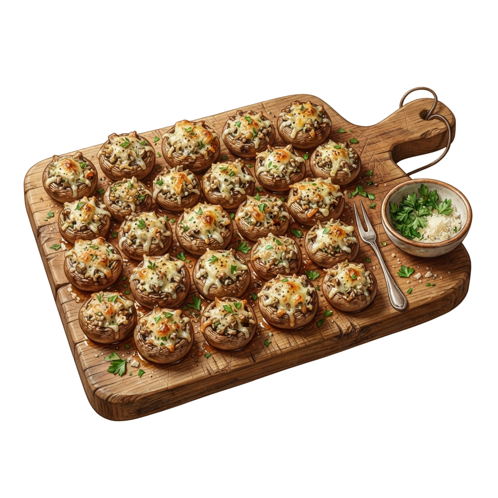 A wooden board displaying 20 baked stuffed mushrooms topped with cheese and herbs, served with a small bowl of dip and a spoon