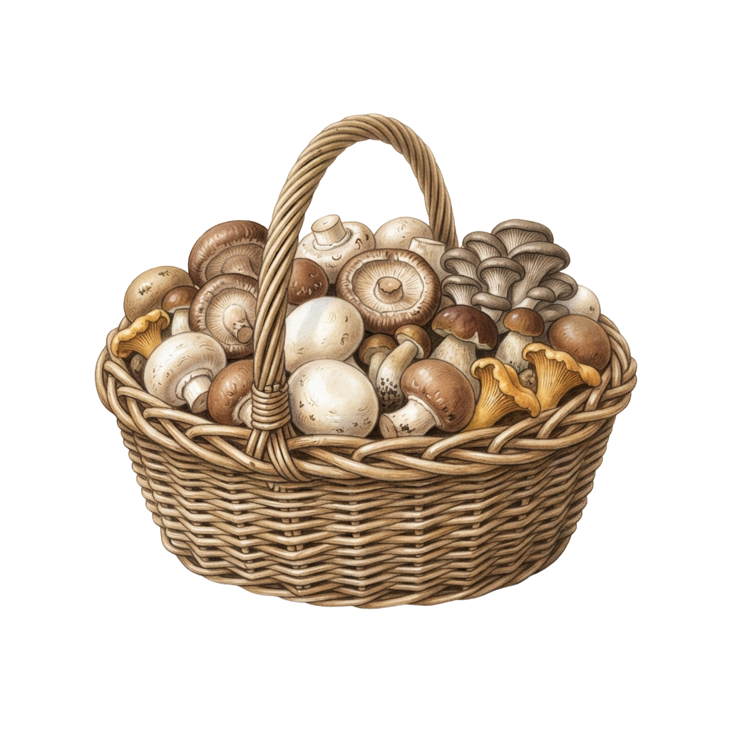 A wicker basket filled with various types of fresh mushrooms.