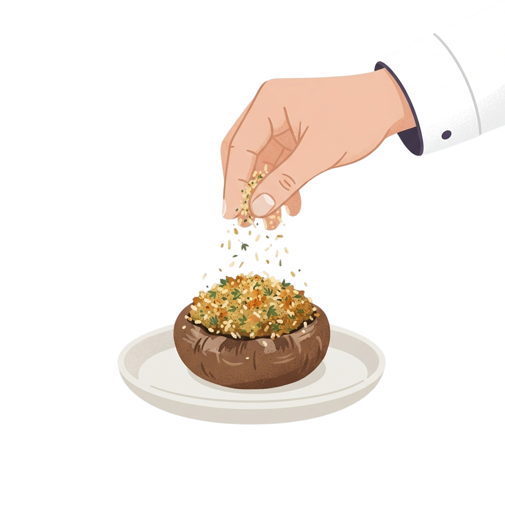 Hand sprinkling seasoning over a stuffed acorn squash on a white plate