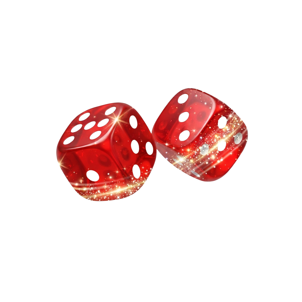 Two red translucent dice with glittery specks and black pips on a black background