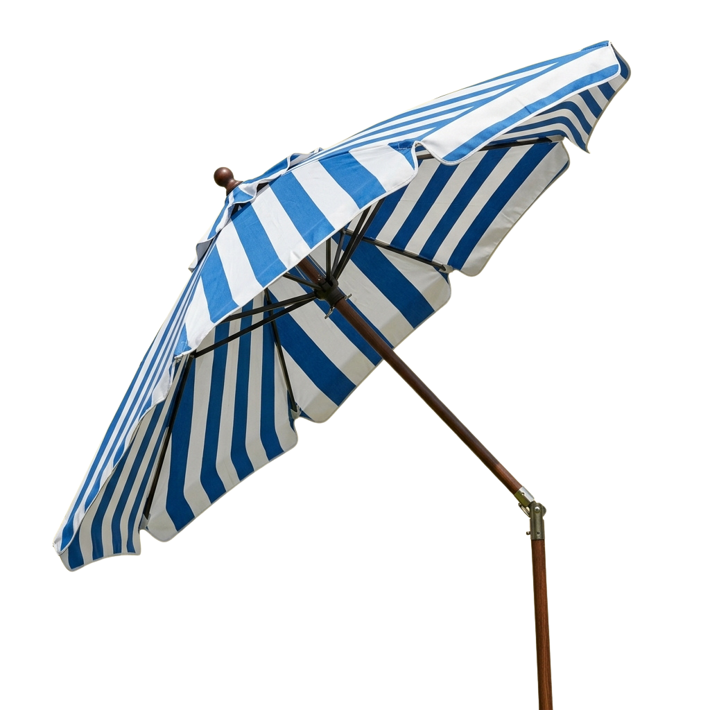 Blue and white striped beach umbrella with a wooden pole and metal fittings