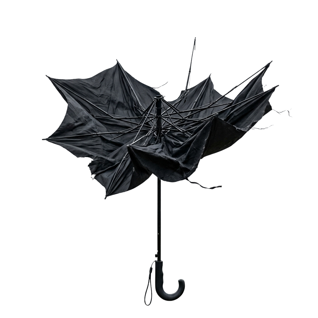A black star-shaped umbrella with a curved handle against a dark background