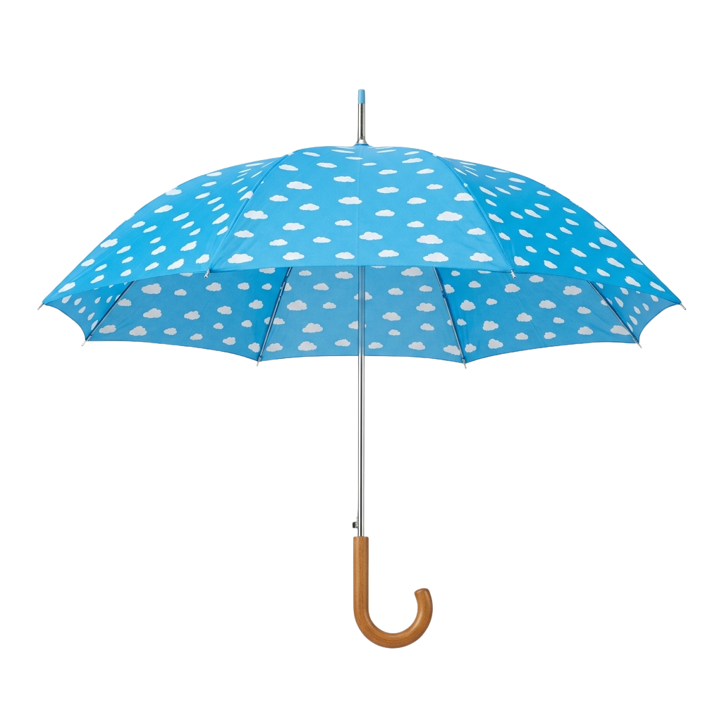 A blue umbrella with white cloud patterns and a wooden handle