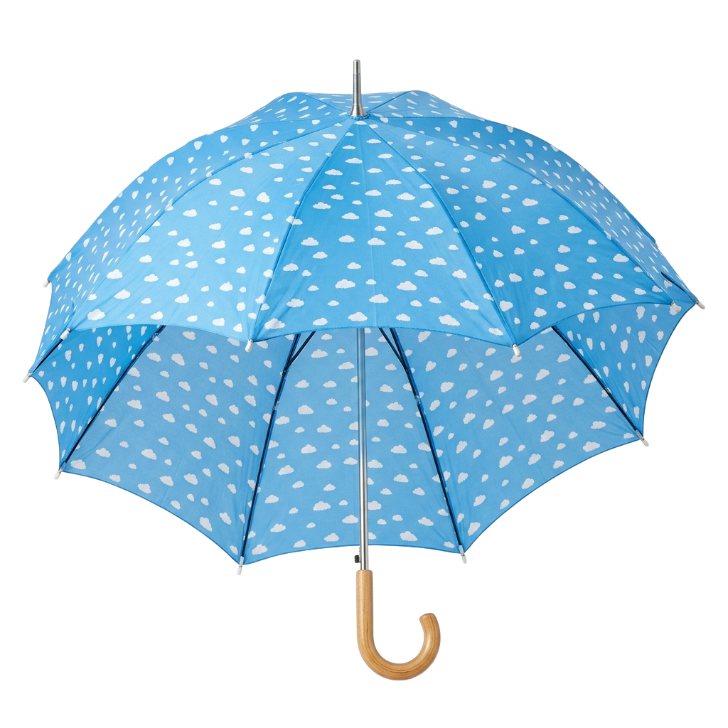 Open blue umbrella with white cloud pattern and wooden handle against black background