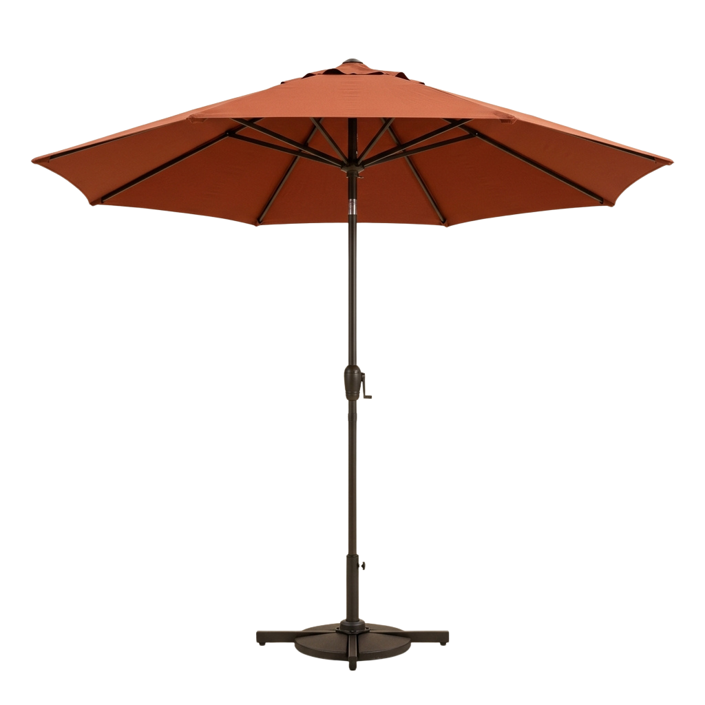 Brown patio umbrella with metal pole and spread canopy against black background