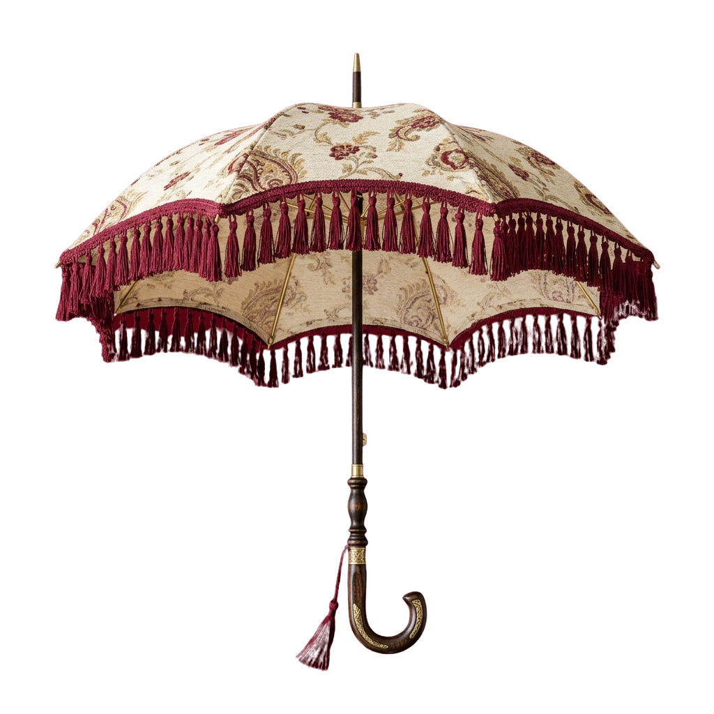 An elegant umbrella featuring a cream fabric with gold floral designs and maroon fringe trim, held by a curved wooden handle with a tassel.