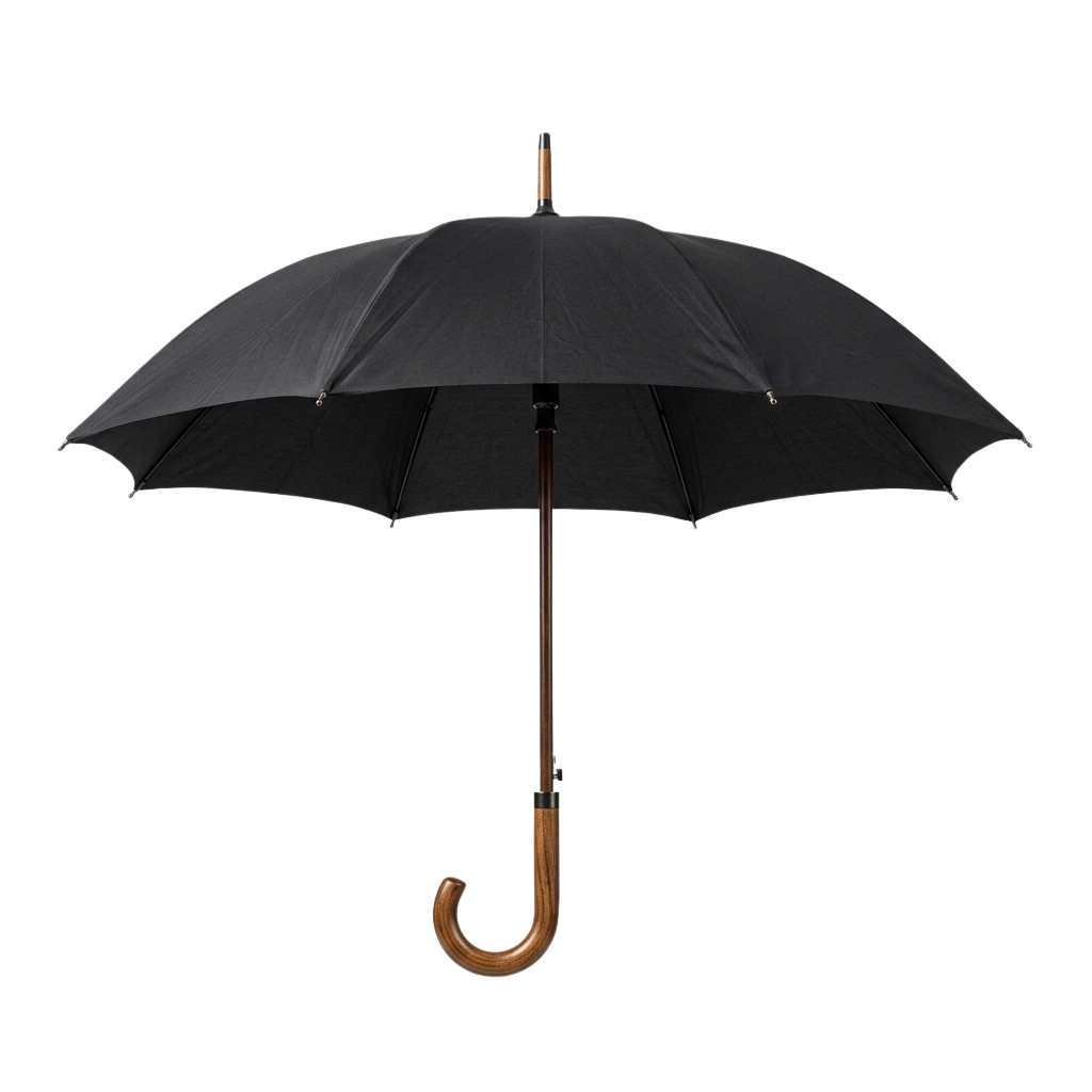 Black umbrella with wooden handle open against a dark background