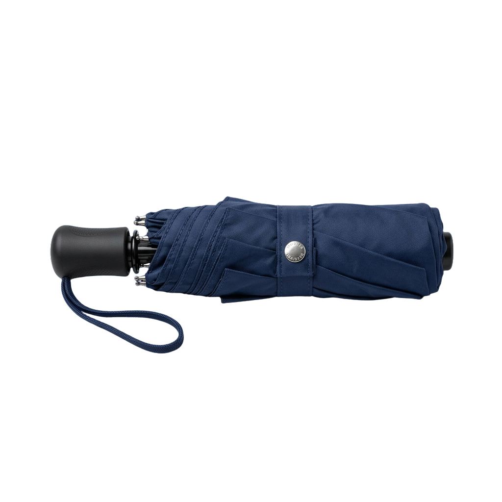 A closed blue compact umbrella with a black handle and wrist strap