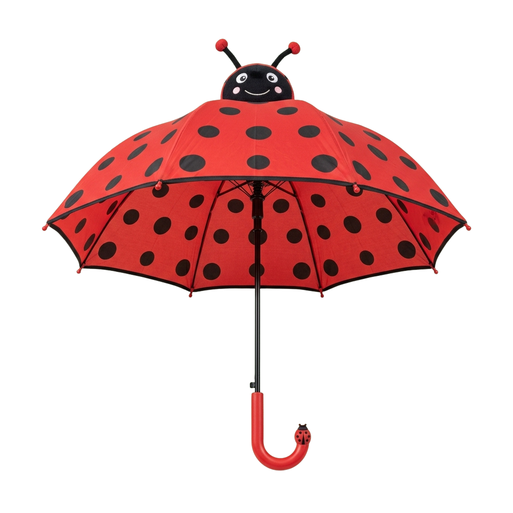 Red umbrella with black spots designed to look like a ladybug, featuring antennae on the handle