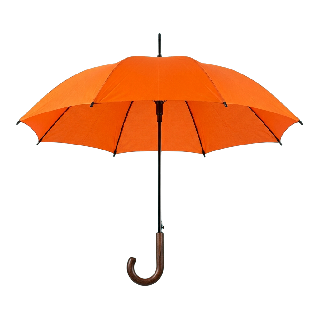 An open orange umbrella with a wooden handle against a black background